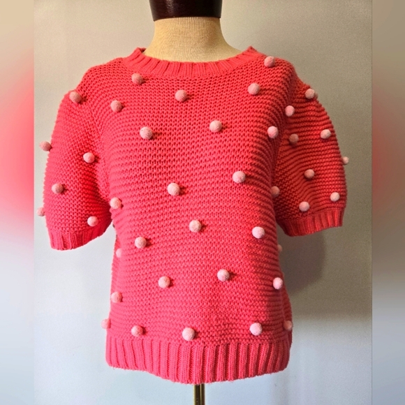 FOXIE DOX- ANTHROPOLOGIE Pink Knit Pom-Pom Sweater. Size Large - Picture 1 of 10